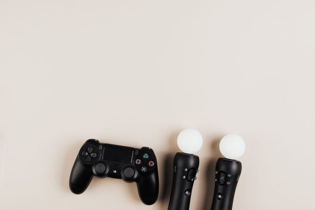 Controles pretos de videogame dispostos sobre um fundo claro.